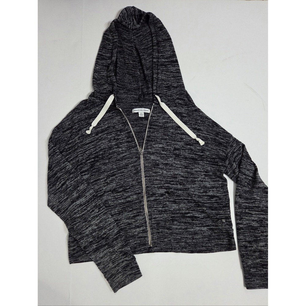 American Eagle Space Dye Full Zip Cropped Hoodie Gray White Marl Small